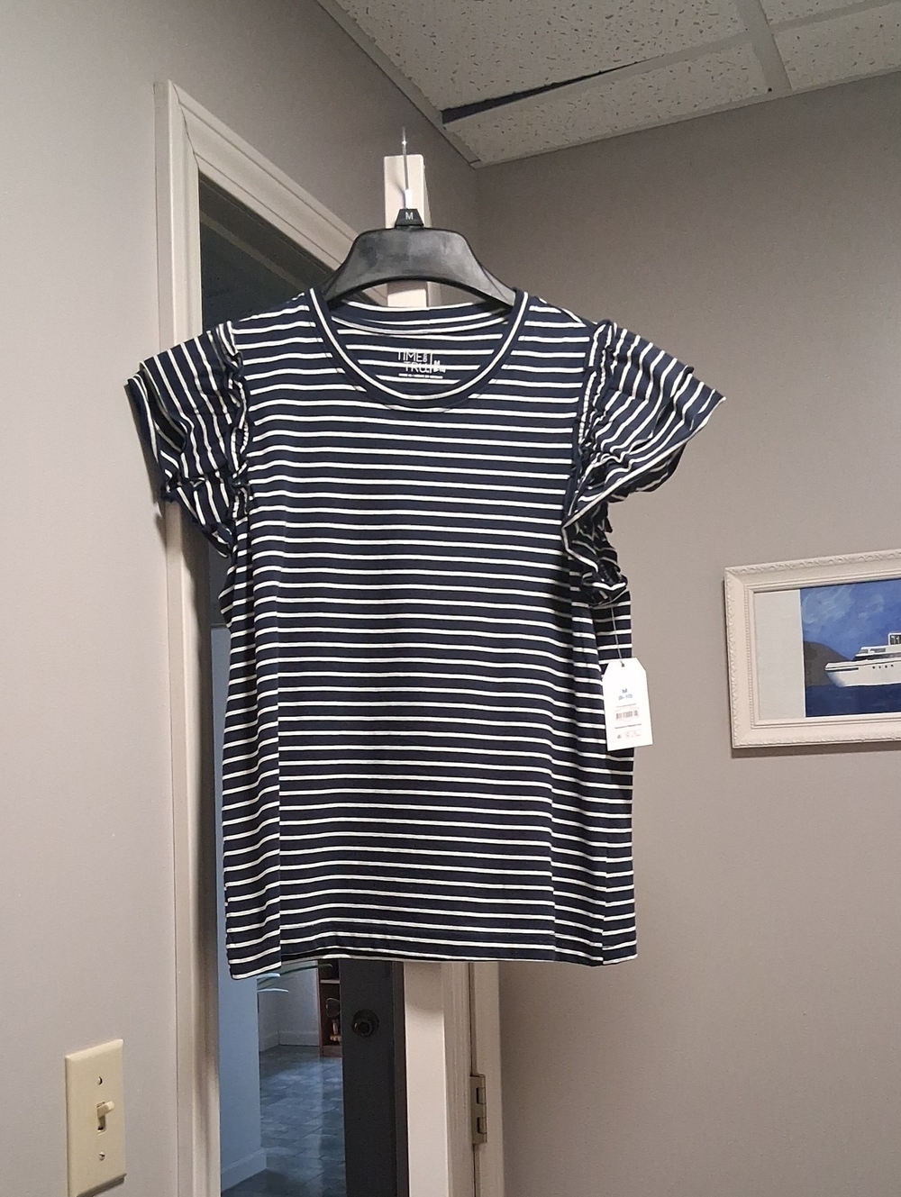 Time And Tru Striped Navy & White Ruffle Sleeve Top